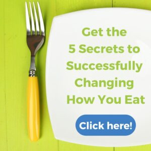 5 Secrets to Successfully Changing How You Eat on a plate with fork on lime green table