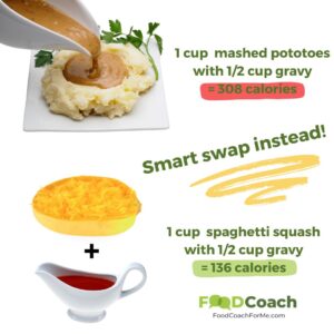 mashed potatoes with gravy next to spaghetti squash and gravy in gravy boat