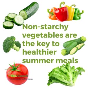 A selection of non-starcy vegetables for summer including tomato, lettuce, zucchini, cucumbers, broccoli, and peppers