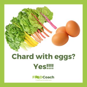 three eggs with light brown shells and row of rainbow swiss chard leaves with brightly colored stems