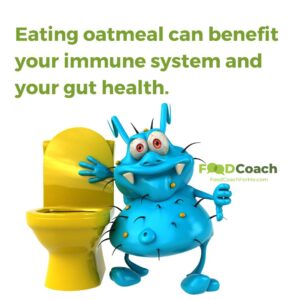 Cartoon like bright blue germ character standing next to a yellow toilet to show that eating oatmeal can benefit your gut gut health and your immune system
