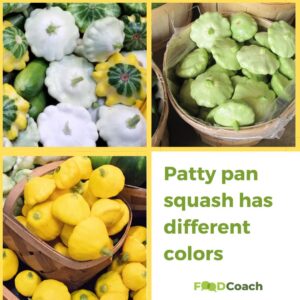 4 different varieties of patty pan squash in baskets: light green Benning's Green Tint, bright yellow Sunburst, white, and bicolored yellow and green patty pan squash