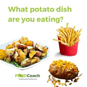 Pictures of several ways of cooking potatoes including french fries from a fast food restaurant, roasted potatoes with parsley and a fully loaded stuffed baked potato with cheese and bacon on top